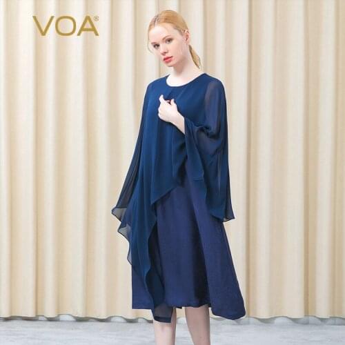 VOA Silk Jacquard Round Neck Bat Sleeve Asymmetric Collision Splicing Navy Blue Flowing Fake Two-piece Dress Female AE823