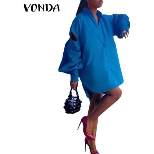 VONDA 2021 Women Long Sleeve Shirt Dress Holiday Party Mini Dresses Sexy Lapel Button Down Hollow Out Vestidos Oversized Robe