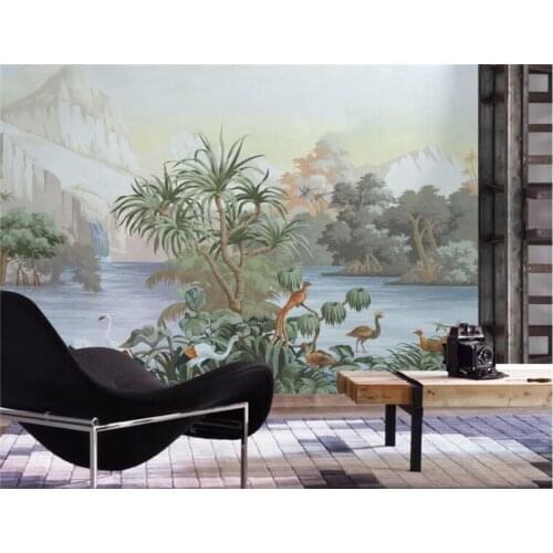 Custom 3d wall paper hand drawn European primitive jungle flowers and birds wallpaper background wall decoration