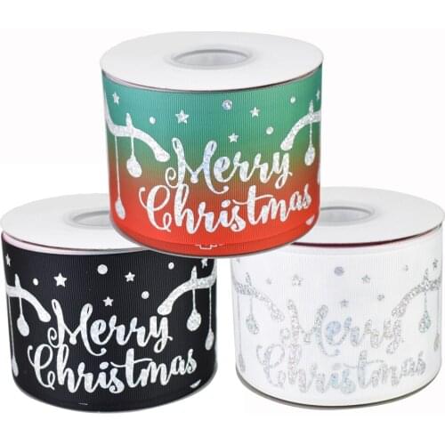 50yards 75mm hologram silver foil Merry Christmas Grosgrain Ribbon Xmas series For DIY Accessories Welcome Custom printed