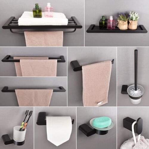 Beiluode Matte Black Bathroom Accessories Set 304 Stainless Steel Toilet Paper Holder Brush Holder Storage Shelf Towel Bar