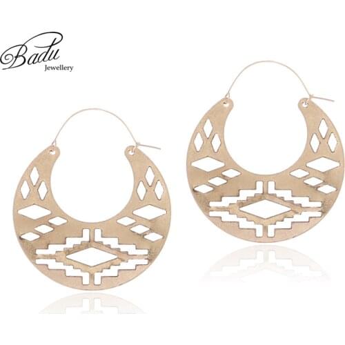 Badu Big Round Hoop Earrings Women Frosted Gold Hollowing Rhombus Totem Vintage Earring Punk Metal Cool Jewelry Gifts Wholesale