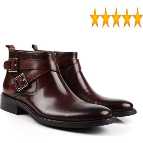 Double Men Leather Genuine Buckle Black Brown Male Ankle Boots Shoes Motorcycle Biker High Quality Footwear Large Size