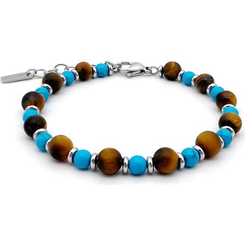 Runda Fashion Men And Women Beaded Bracelet Natural Tiger Eye Stone With Stainless Steel Ring Jewelry Couple Holiday Gift