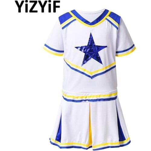Kids Girls Cheerleader Costume Jazz Dance Clothes Cheerleading Uniforms Short Sleeves Stars Applique Tops with Pleated Skirt Set