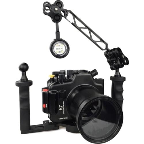 For Sony A7 100M/325ft Underwater Aluminum Housing Case Waterproof Camera Tray two Hands Holder MK-15 2400LM Flashlight