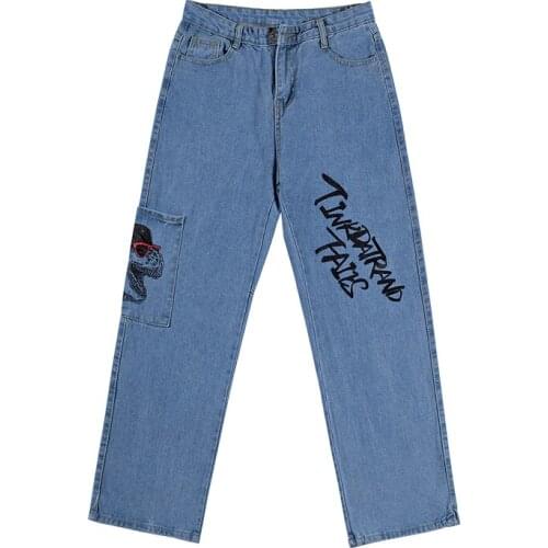 New Jeans Women Vintage Washed Jeans Harajuku Cartoon Dinosaur Print Jeans Streetwear Jeans Loose Overalls Man Jeans Cotton