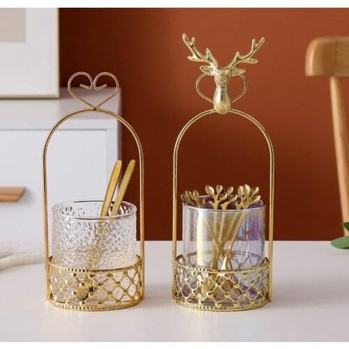 European Style Colorful Glass Storage Jar Tableware Storage Basket Household Knife, Fork and Spoon Set Glass Metal Ornaments