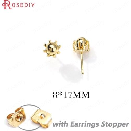 F189)10 pieces 8*17mm 24K Gold Color Brass Round Ball Stud Earrings Pins High Quality Diy Jewelry Findings Accessories