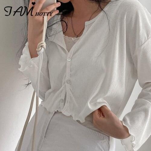 Frill Solid Casual Button-up Long Sleeve T-shirt Women Korean Fashion Kawaii Translucent Clothing Aesthetic Basic Shirt Iamhotty