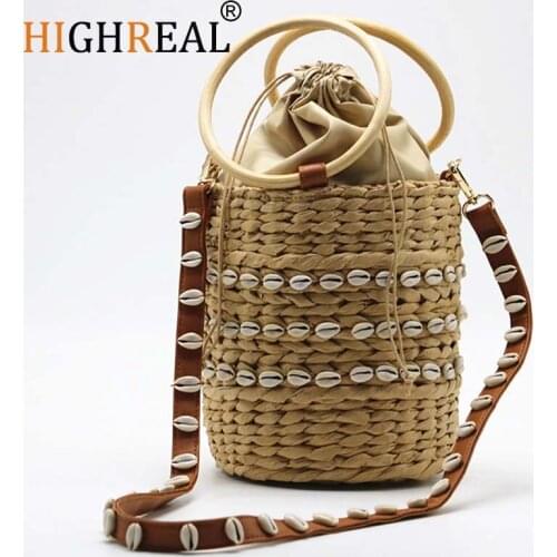 HIGHREAL Ethnic Style Woven Bag Rattan Woven Ring Shell Shoulder Handbag Handmade Straw Woven Bucket Bag