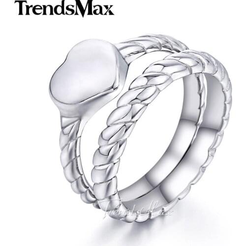 Trendsmax Rope Heart Love Ring Set Womens Girls Stainless Steel Band Ring Silver Color Tone 12mm KKR113