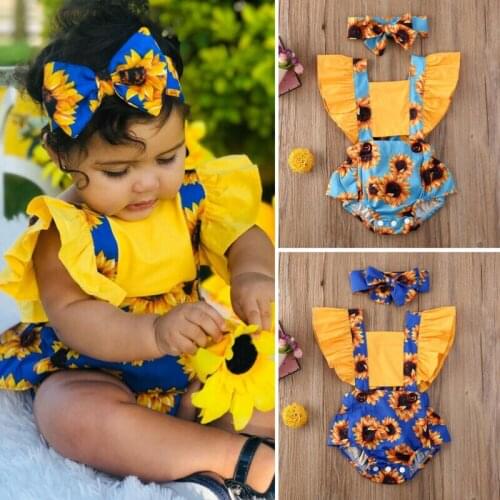 Summer New Fashion Newborn Kids Baby Girls Summer Outfits Clothes Daily Bodysuit Flower Romper Headband Wholesale