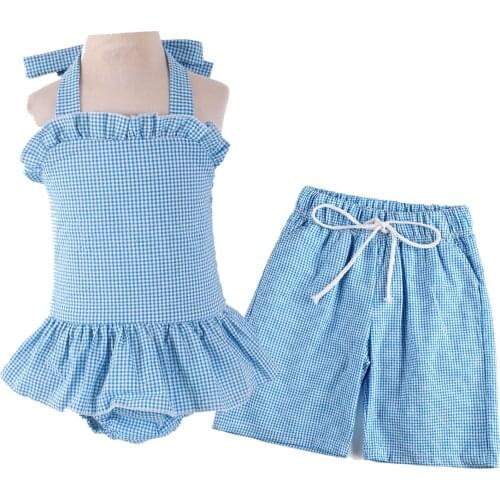 Summer Beach Clothes Seersucker Baby Kids Shorts Girls Swimwear Siblings Match Swimsuit