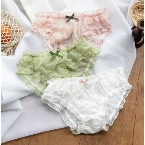 Sweet Sexy Women Lace Panties Transparent Underwear Summer Briefs Ruffles Bow Trim Cute Girls Intimates 4 Colors