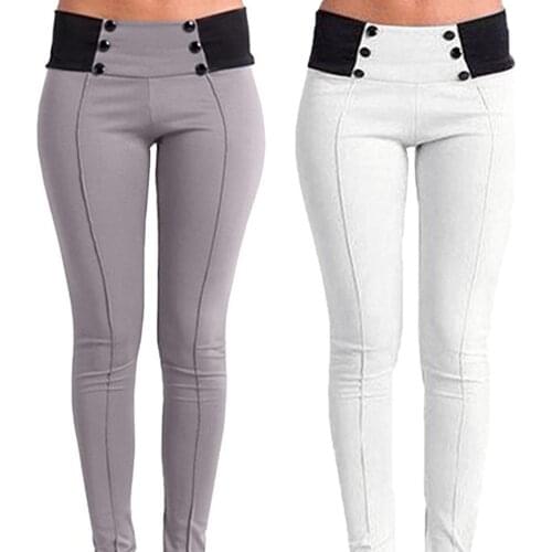 Fashion Women Pants Color Block High Waist Leggings Skinny Pencil Pants with Buttons Decor For Stretch Stretch Womens Pants