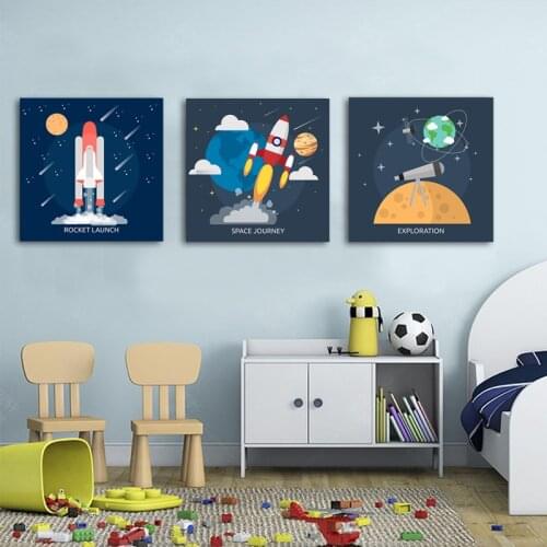 Cartoon Space Universe Science Nursery Art Canvas Painting Poster Prints Wall Art Pictures for Kids Boys Room Home Decor Gift