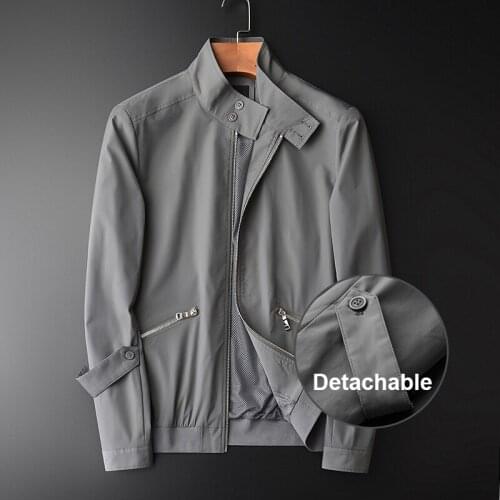 Men Polyester Fabric Fashion Double Buckle Grey Stand Collar Male Jacket Autumn Slim Fit Mens Jackets And Coats