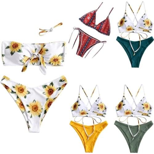2020 New Fashion Bikinis Women Swimsuit Cross Bandage Swimwear Push Up Bikini Set Beach Bathing Suit Print Bikini