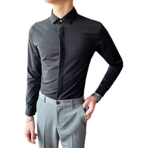 New Spring 2021 Dark Placket Solid Color Slim Long Sleeve Dress Shirt Men Mens Brown Time Limited