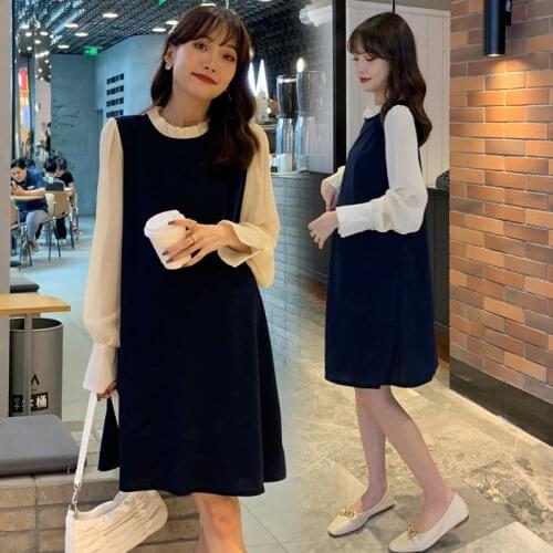 3005# Autumn Korean Fashion Patchwork Maternity Dress Sweet Lovely Clothes for Pregnant Women Chic Ins Pregnancy One Piece Dress