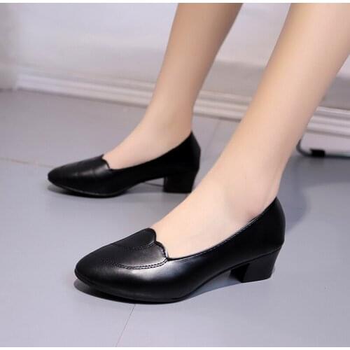 Autumn Ladies Shoes Plus Size Pumps Women Shoes Woman Square Mid Heels Shallow Elegant Office Shoes Solid Black Leather Pumps