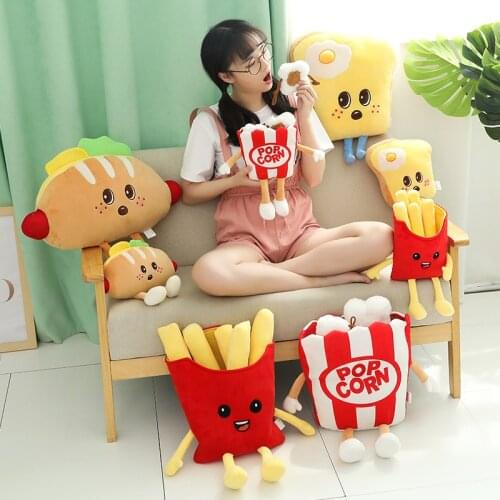 Lovely Foods Pop Corn Hamburger Plush Toys Simulation Kawaii Expression Pizza Stuffed Pillow Dolls Children Nap Cushion Toy