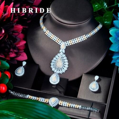HIBRIDE Famous Brand Luxury Shinning Flower Women Wedding Naija Bridal Cubic Zirconia Necklace Dubai Dress Jewelry Set N-846