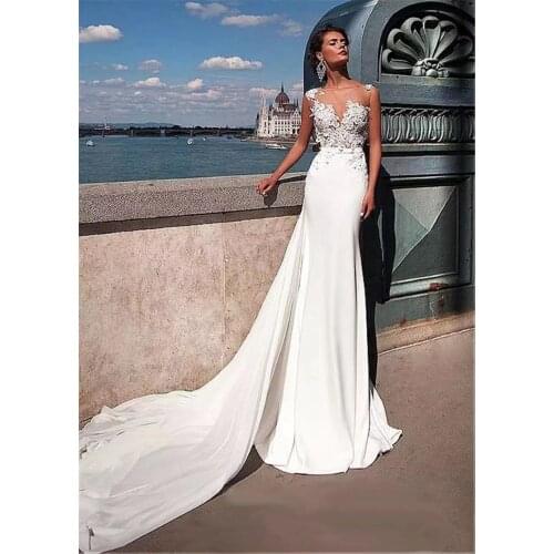 Romantic Sleeveless Illusion Appliques Sash Long Tail Wedding Dresses Chiffon Dropped Custom-Made Wedding Dresses vestidos de no
