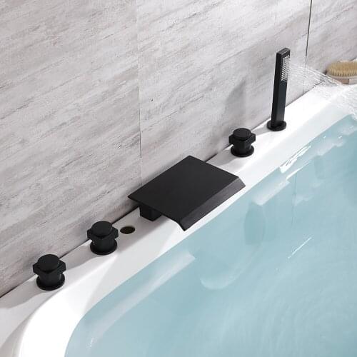 Top Quality Black Brass Bathroom waterfall bathtub faucet Set Deck mounted 5 pcs bathtub shower mixer faucet with handshower
