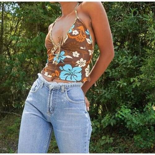 Y2K Women Sexy Summer Deep V-neck Mini Halter Bohemian Beach Style Vest Brown Floral Printed Pattern Sleeveless Crop Tops