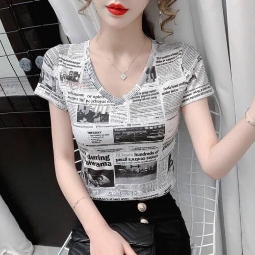 Fashion summer woman t-shirts short sleeve v-neck female tops tide hollow out t shirt women letters print camisetas de mujer