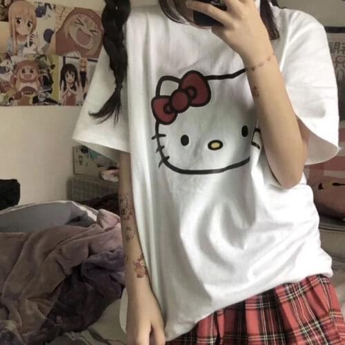Y2k 2021 Cartoon Print Shirts Woman Girls Summer Animal Cat Short Sleeve Graphic Oversize Harajuku Casual Loose T-shirt Tee Top