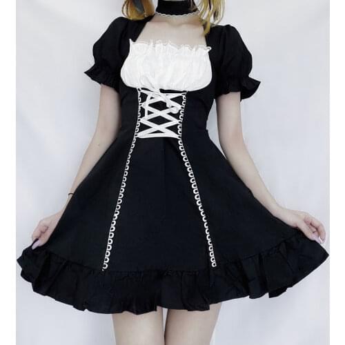 Women Lace Up Mall Goth Dress Punk Dark Academia Mini Dresses Harajuku Lolita New Black Aesthetic Kawaii Gothic Emo Alt Clothes