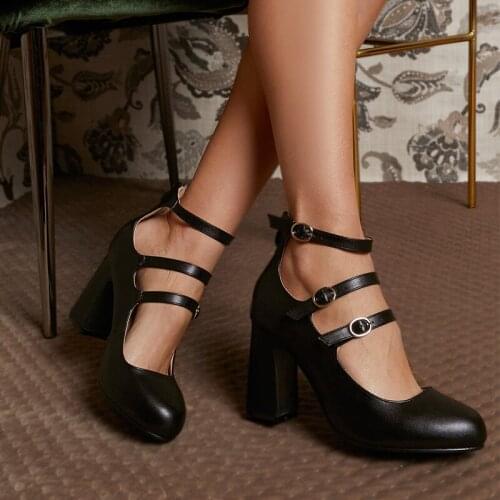 Ladies Pumps Pu Leather Women Gladiator Sandals Platform Chunky Heel Round Toe Ankle Buckle Strap Fashion Elegant Casual Black