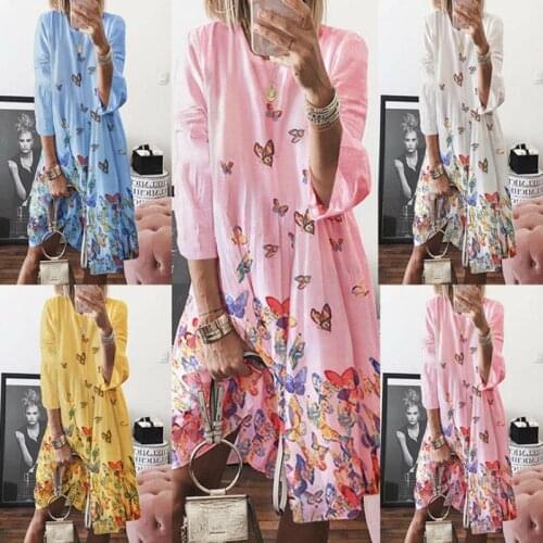Fashion Retro Print Women Dress Three Quarter Sleeve O-Neck Summer Dress Plus Size Loose Casual Vestidos Cotton Linen Robe Femme