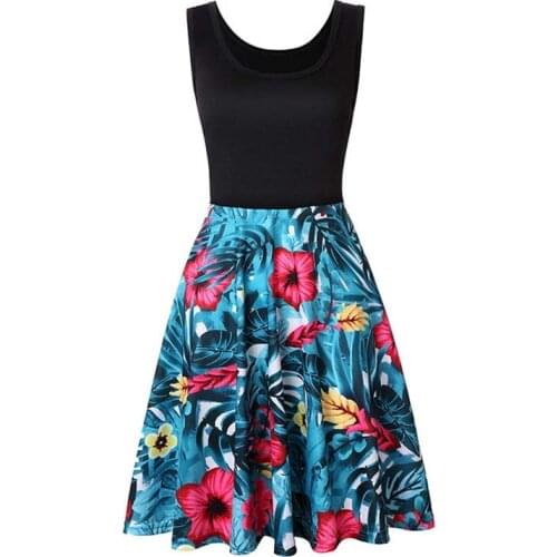 Summer Knee Length Sleeveless Square Neck Red Flower Spaghetti Strap Patchwork Dress for Women