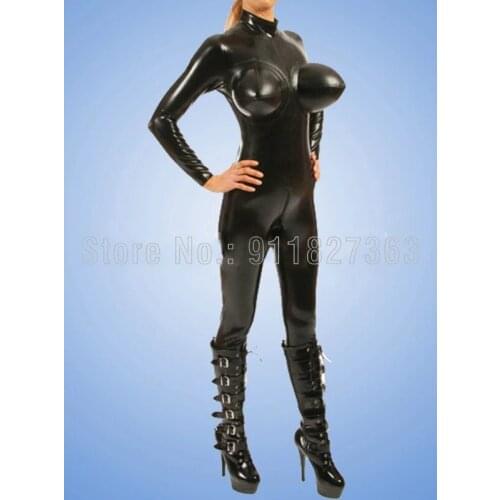 100% Natural Latex Catsuit with Boobs for Inflatable Breast Design Cosplay Bodysuit w Back Zipper Customized