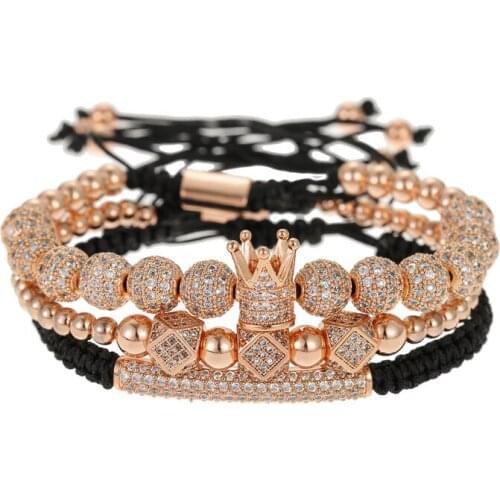 3 pcs/set charm crown ball rhombic paved cz crystal beaded bracelet with copper beads adjustable female male elegant jewelry