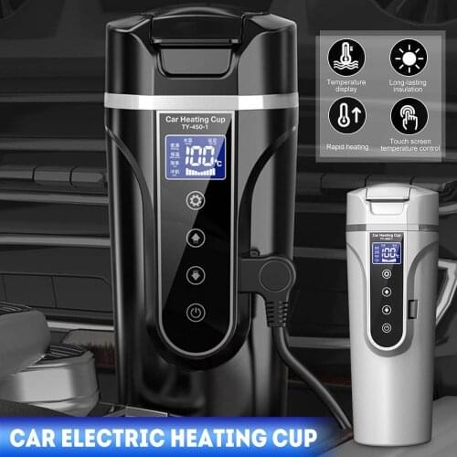 KROAK 450ml 12V / 24V Stainless Steel Car Heating Cup Electric Water Cup LCD Display Temperature Kettle Coffee Tea Milk Heated