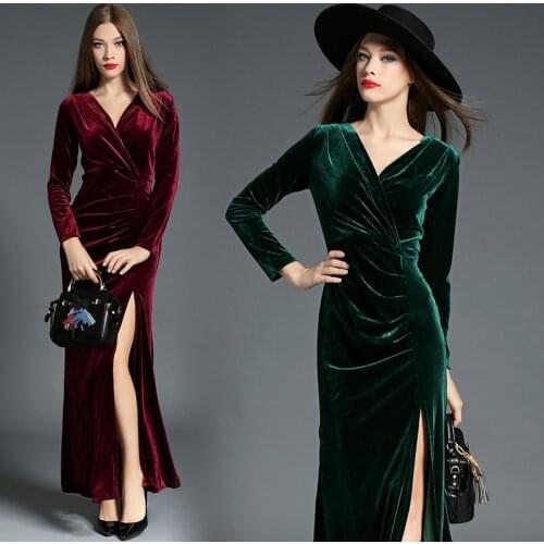 Free Shipping 2018 Plus Size S-XL Velour Dresses For Women Long Maxi Spring Autumn Velvet V-neck Sexy Side Slit Stretch Dresses