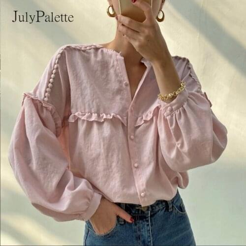 JulyPalette O-neck Single-breasted Blouse Ruffled Lantern Sleeve Shirts Female 2021 Spring Summer Cotton Loose Lady Blouses Tops