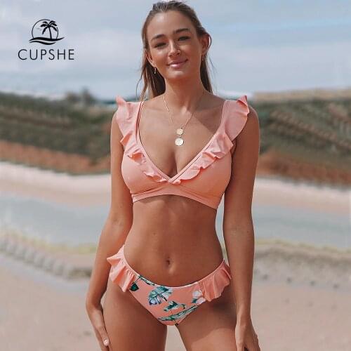 CUPSHE Tropical Pink Ruffle Bikini Sets Women Sexy Lace Up Low-waist Swimsuit Two Pieces Swimwear 2021 New Beach Bathing Suits