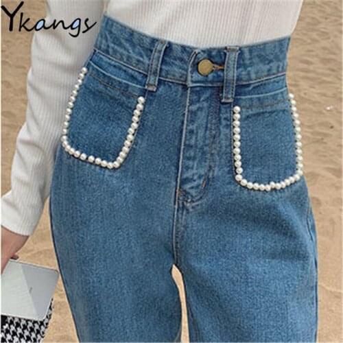 Pearl Trim Pockets High-Waisted Denim Straight-Leg Pants Korean Fashion Casual Wide Leg Jeans Sweet Wild Vintage Women Trousers