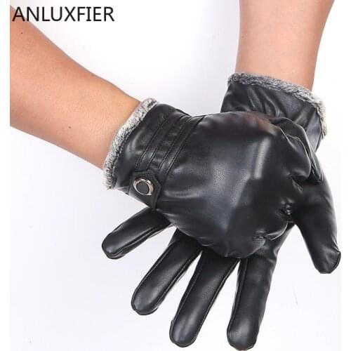 H10072 Winter Warm Gloves Men Leather Coldproof Touch Screen Simple Black Mittens Male Riding Windproof Thick Thermal Hand Muff