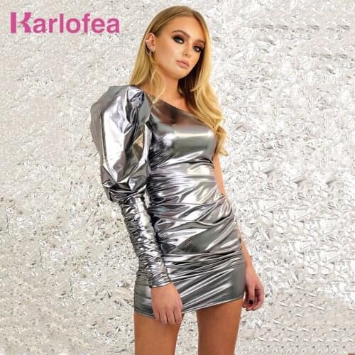 Karlofea Female Party Outfits Ruched Mini Dress Best Christmas Night Out Dresses Chic One Shoulder Puff Sleeve Vestidos Clubwear
