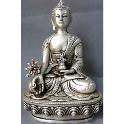 8" China silver dragon feng shui lucky buddhism Medicine Buddha sculpture Statue