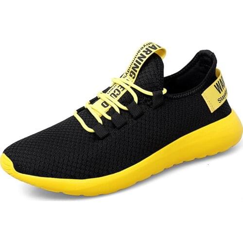 Men Knit Sneakers Breathable Athletic Running Walking Gym Shoes Air Mesh Sneakers Black Yellow Summer Low Sneakers