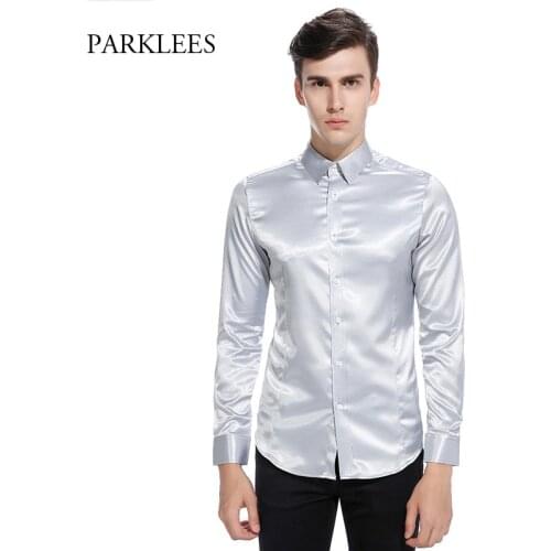 Silk Satin Shirt Men Chemise Homme 2017 Fashion Mens Slim Fit Tuxedo Shirts Casual Shiny Emulation Silk Button Down Dress Shirt