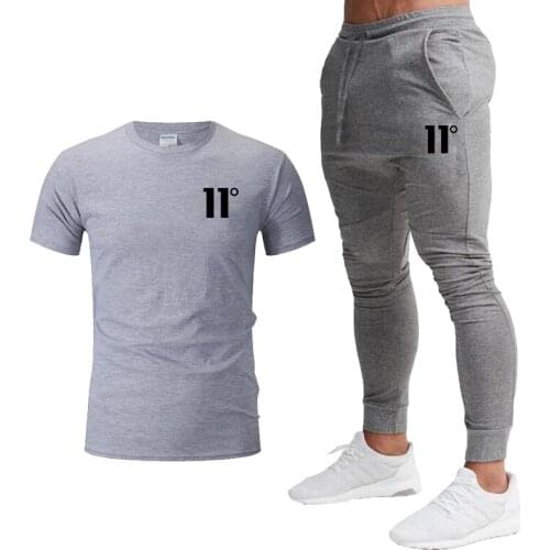 11 Degree Printing Mens Sportswear Mens T-shirt + Trousers Mens 2-piece Jogging Short-sleeved Mens Casual Cotton T-shirt